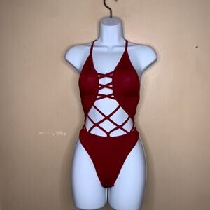 Red Criss Cross Tie Women One Piece Bodysuit Swimsuit Small